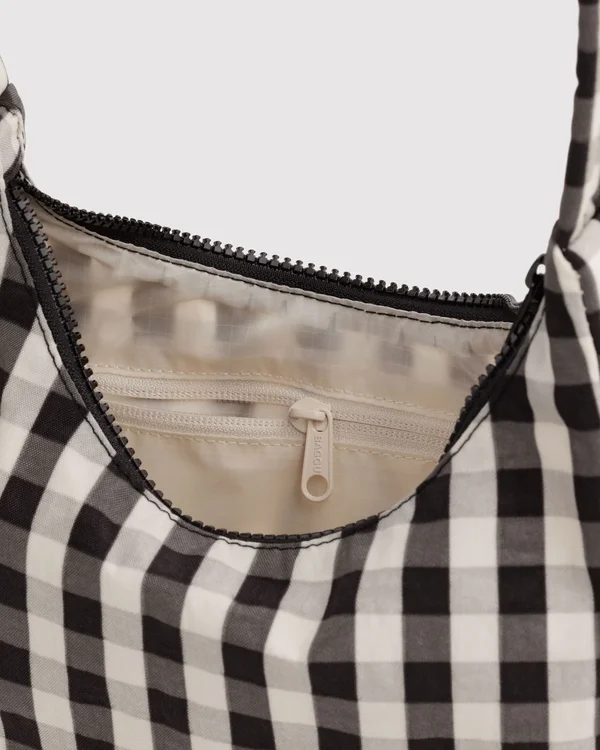 Mini Nylon Shoulder Bag - Black And Cream Gingham